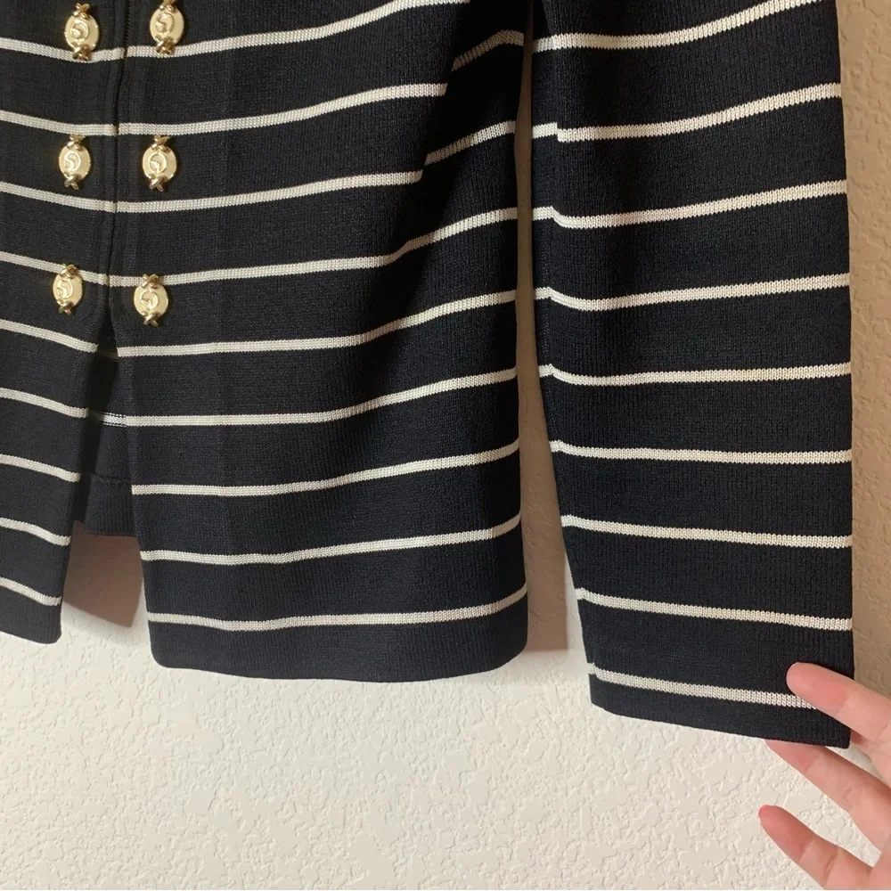 ST.John Womens Black White Stripe Zip up Nautical Button Blazer 2